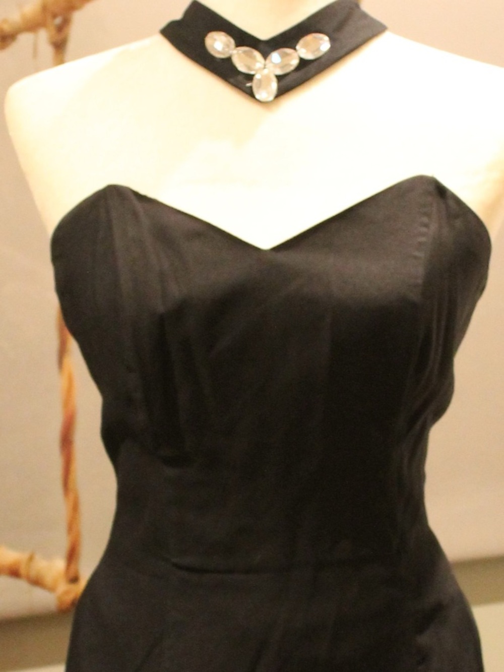 Strapless Black Evening Dress with Jewel Neck Accent